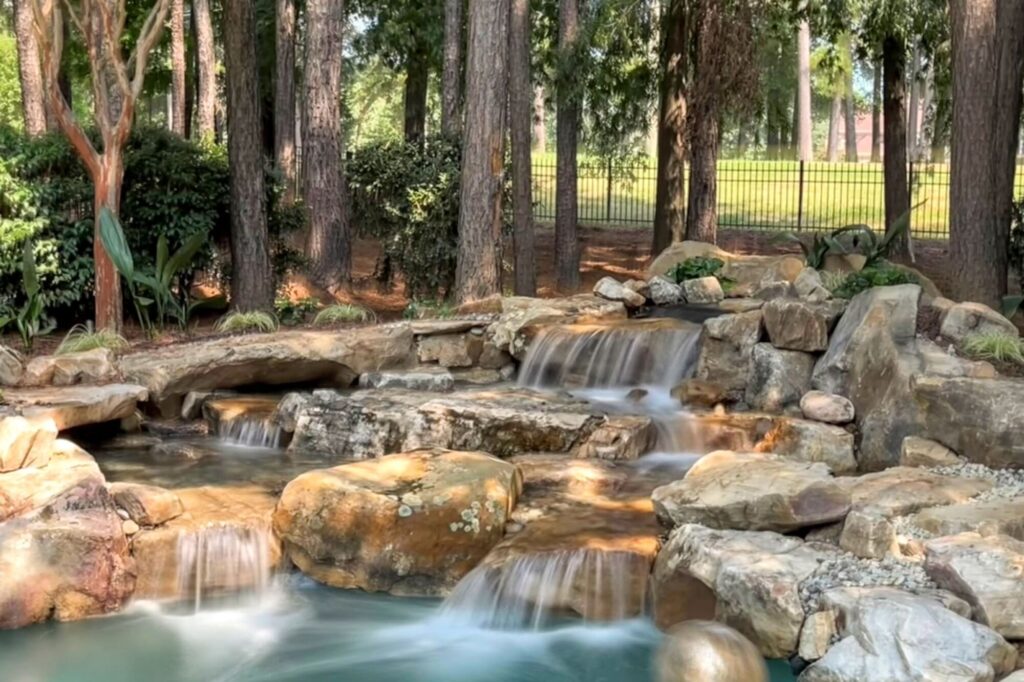 Waterfall into swimming pool