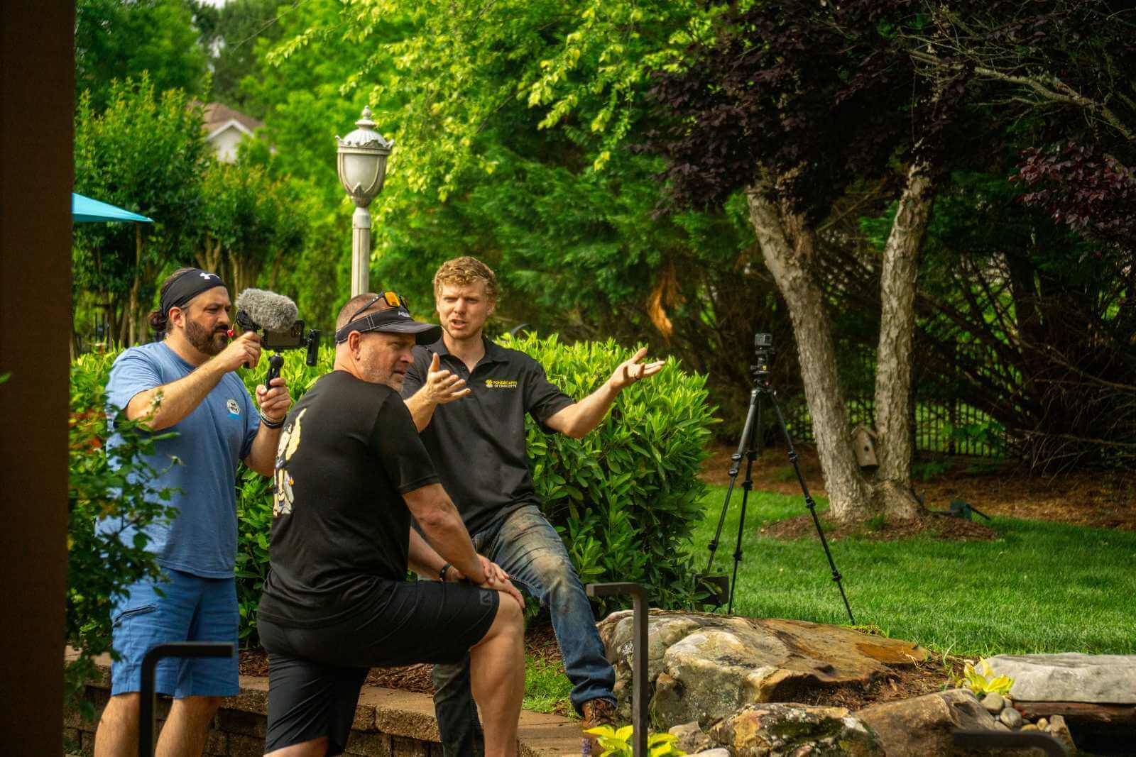 Greg Wittstock The Pond Guy filming a backyard pond in Charlotte, NC built by Pondscapes of Charlotte using Aquascape Inc. products.