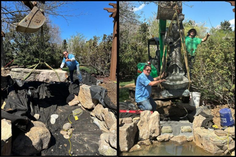Construction on a water garden koi pond in a backyard in Marvin, NC