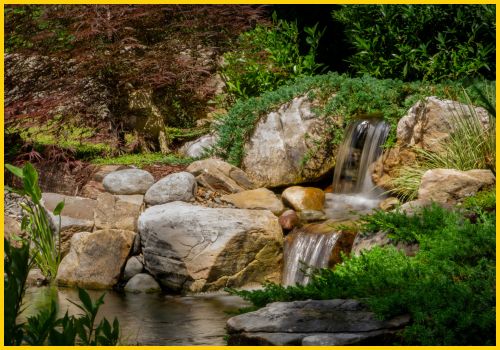 Backyard koi pond with waterfall, underwater lighting, and natural stone landscaping by Pondscapes of Charlotte — expert pond installation and maintenance in Charlotte NC.