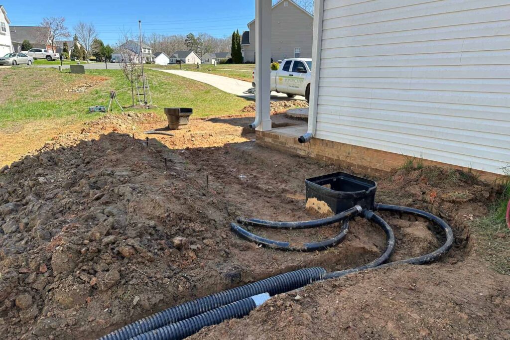Pondscapes of Charlotte installing drainage and plumbing lines out the back of a pond skimmer during koi pond construction in Wesley Chapel, North Carolina