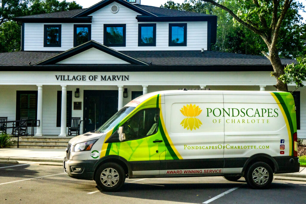 Pondscapes of Charlotte service van at Village of Marvin town hall - custom pond installation and water feature services in Marvin NC