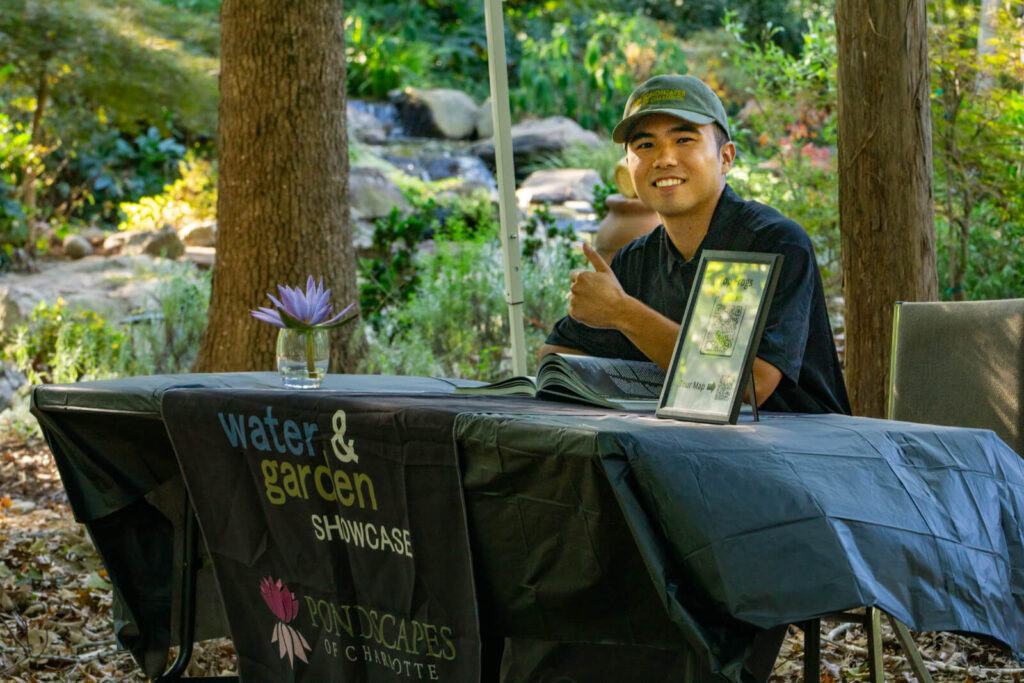 Weddington NC backyard pond tour featuring koi ponds and water gardens with local pond builders and Charlotte Koi Club members