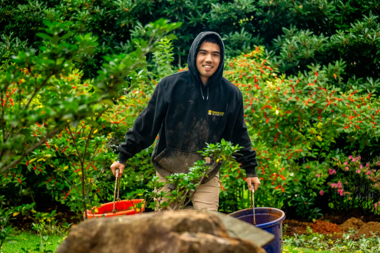 Pond technician installing aquatic plants during backyard pond construction in Charlotte NC