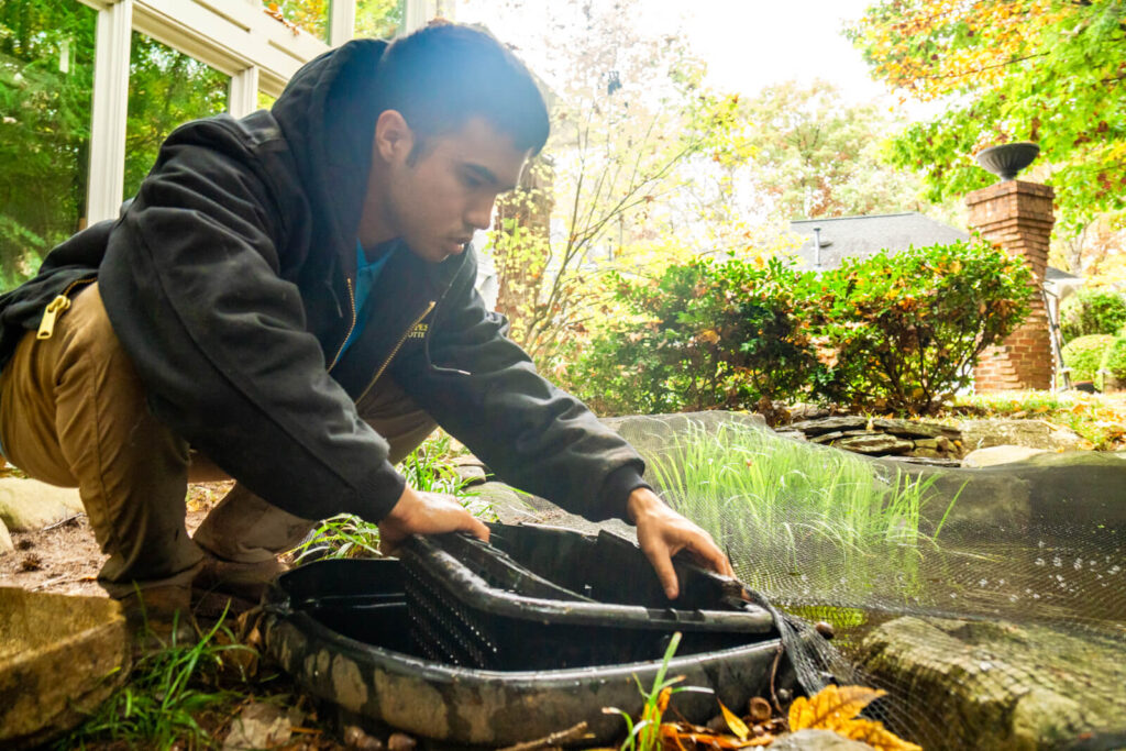 Water feature technician placing skimmer filter in Charlotte, NC pond
