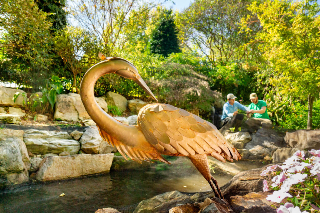 Technicians installing fall netting on backyard pond during quarterly maintenance in Marvin NC