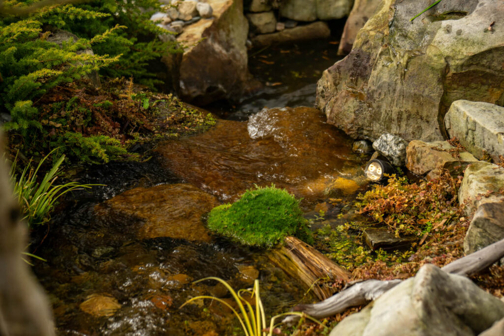 Natural pond waterfall with LED lighting during winter service visit