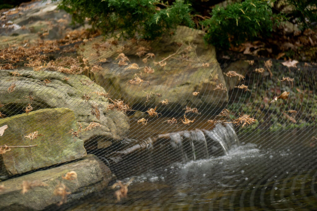 Pond netting covered with fall leaves during winter maintenance season