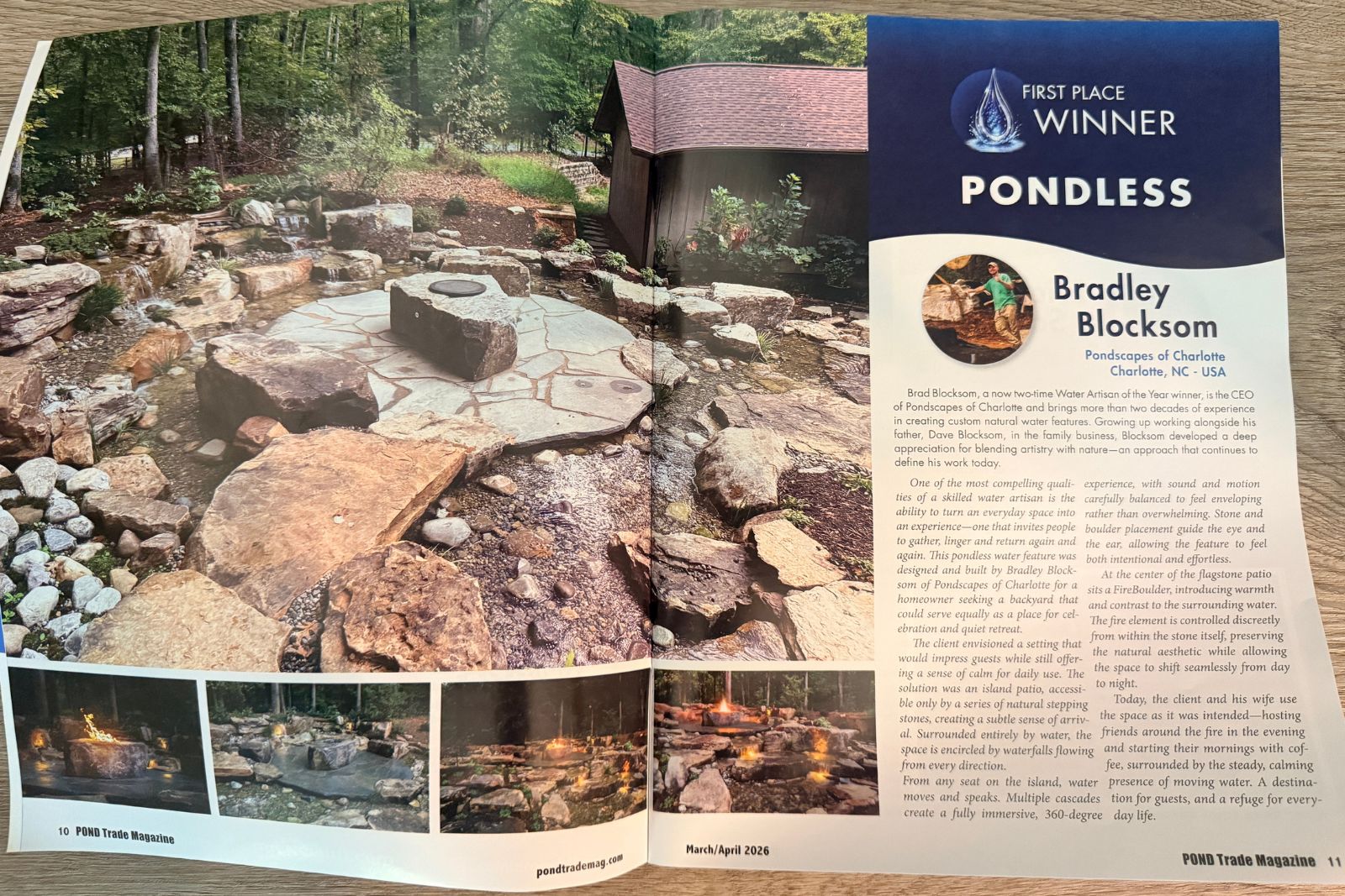 First Place Award given to Pondscapes of Charlotte by Pond Trade Magazine. 2025 Water Artisan of The Year Award Best Pondless Waterfall