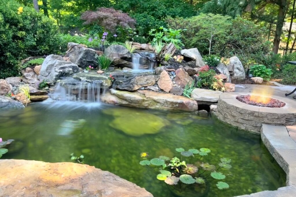 pond with gas fire place