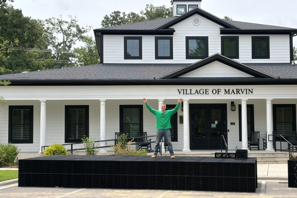 Village of Marvin Town Hall with aquablocks ready for new water feature project to start in Houston Ross Park.
