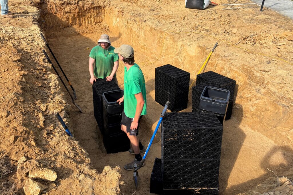 Aquablocks being placed creating the pond basin for new rainwater harvesting system.