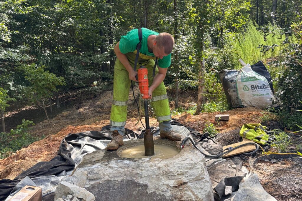 Core Drilling Through Boulder to create a custom fountain in Mint Hilll , North Carolina