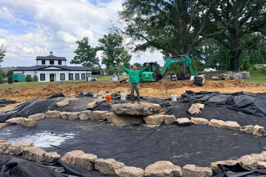 Construction progress of custom ecosystem pond and water garden project for Houston Ross Park in Marvin, NC.