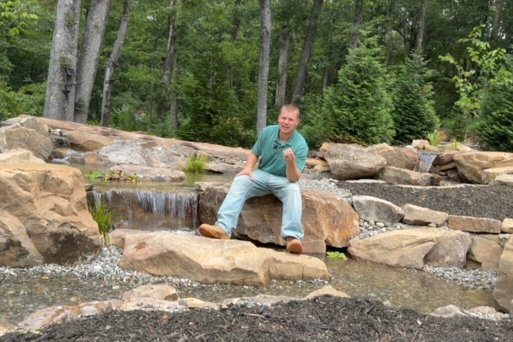 Sitting next to a waterfall in Mint Hill, NC